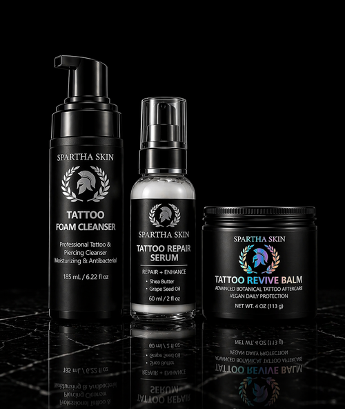 Spartha Skin tattoo aftercare bundle with cleanser, serum and balm on black background