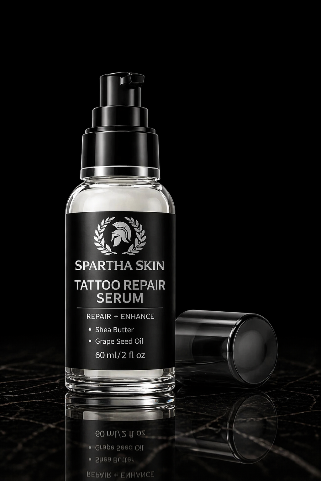 Spartha Skin Tattoo Repair Serum on reflective black surface