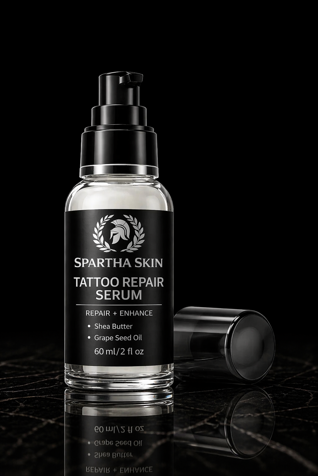Spartha Skin Tattoo Repair Serum on reflective black surface