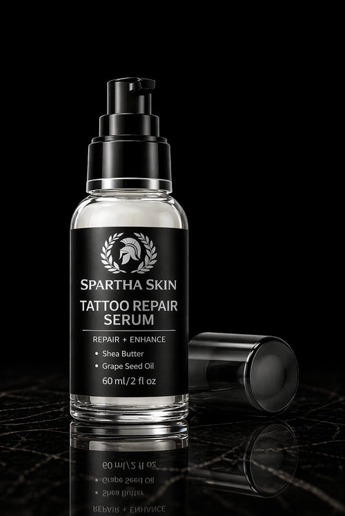 Spartha Skin Tattoo Repair Serum on reflective black surface